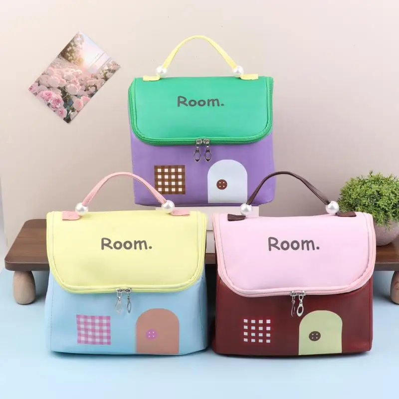 

1 Pcs Dopamine Color Cute House Shape Makeup Bag Large Capacity Portable Makeup Storage Bag Cartoon Makeup Handbag