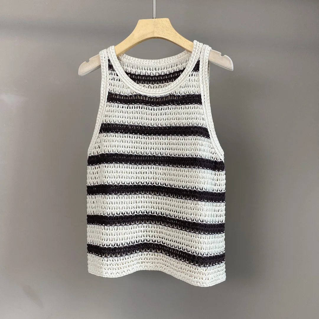 

25 Spring and Summer New Round Neck Striped Fashion All-match Sleeveless T-shirt Top Women