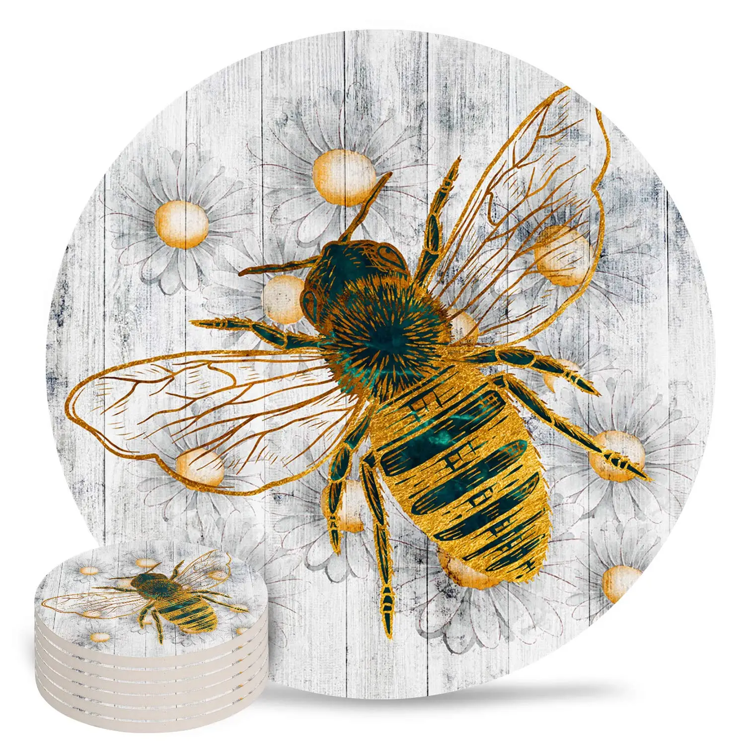 Cute Bee Yellow Pattern Coasters for Drinks Absorbent Coaster 1 Piece Ceramic Stone Coasters Cups Mug Place Mats for Home Decor