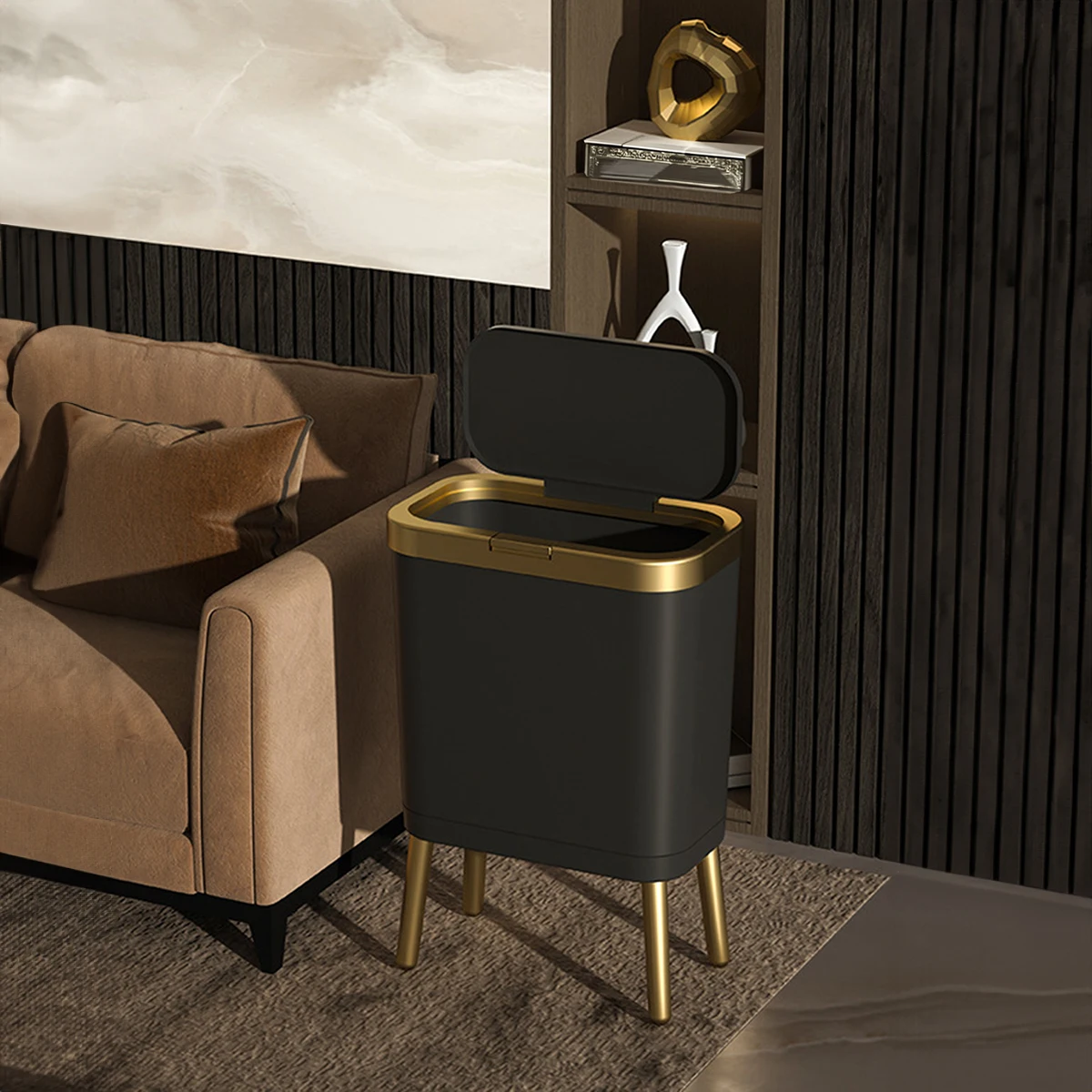 High Foot Large Capacity Kitchen Garbage Bin for Household Toilet, Bathroom with Lid, Creative Light Luxury Living Room