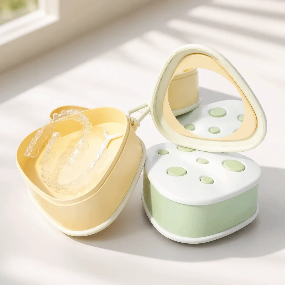 Cheese Shape Invisible Braces Holder Storage Box Leak Proof Washable Triangle Mouth Guard Case with Mirror Portable