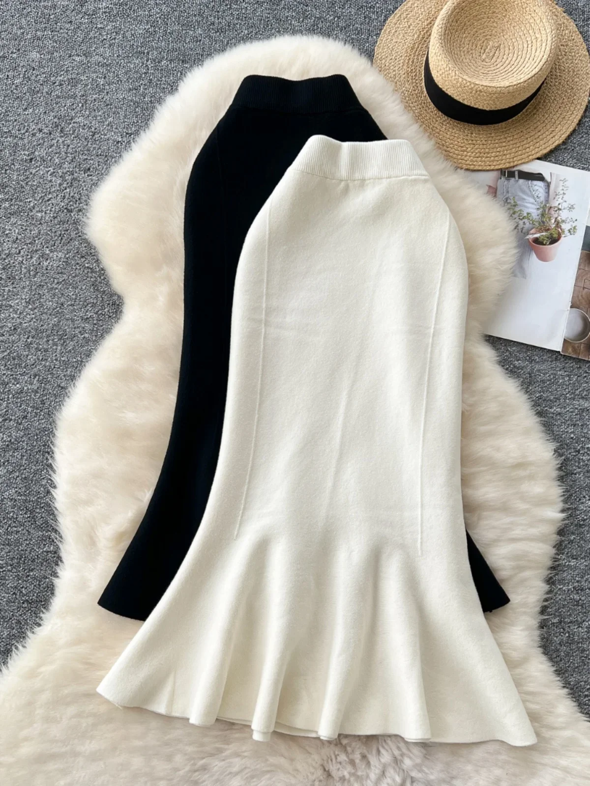

High Waisted Vintage Knitted Skirt Women Ruffled Slit Fishtail Office Midi Skirts Autumn Winter Woolen Skirt