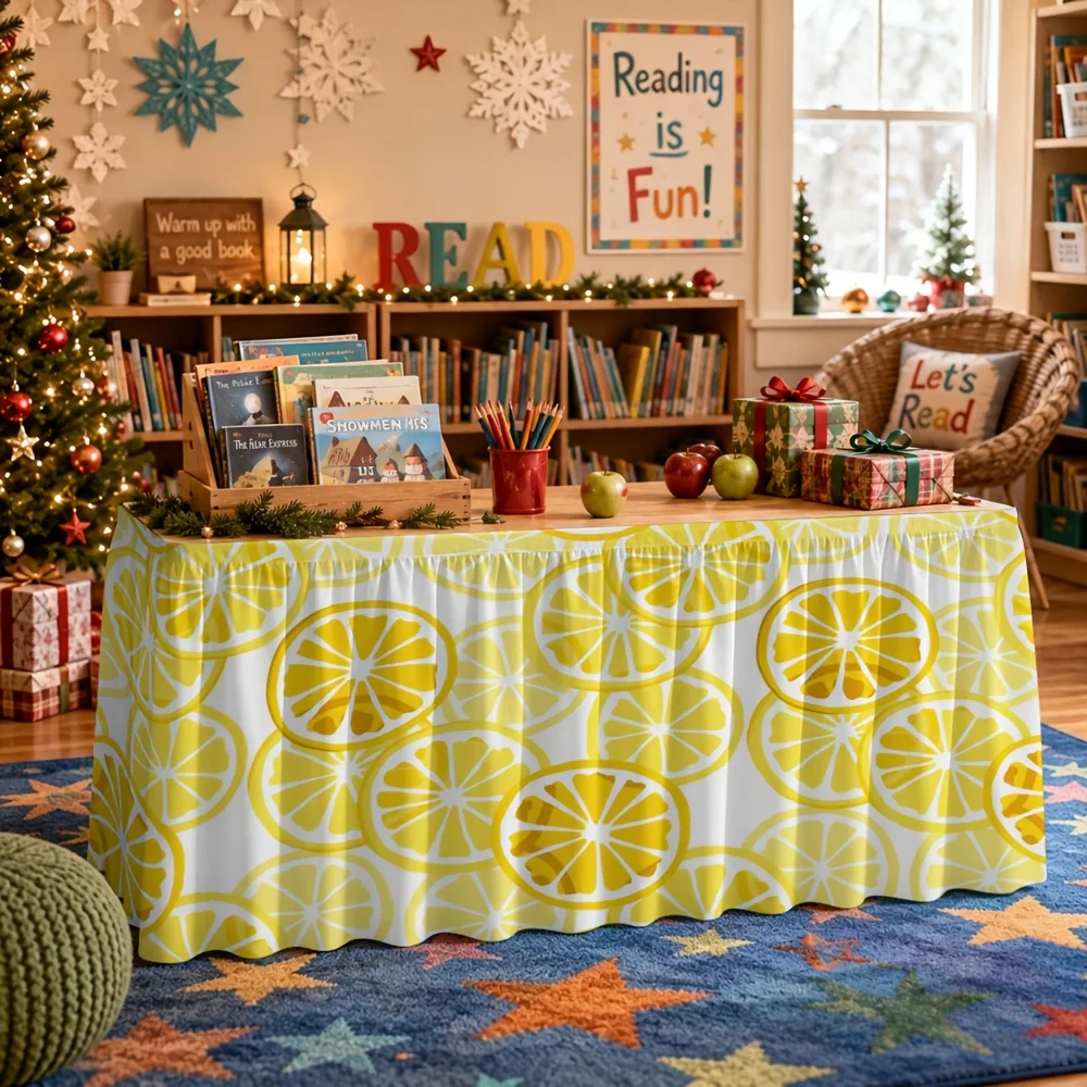 One piece of table skirt with lemon slice pattern tablecloth table skirt.