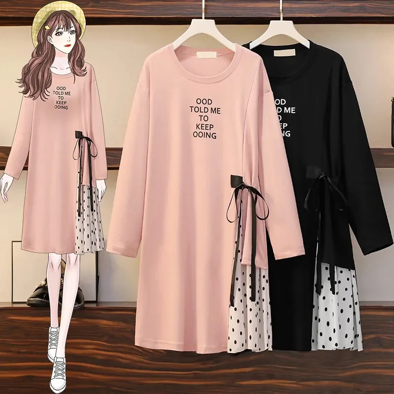 Large Size Women's Dress 2025 Spring Summer New Stitching Long-Sleeved Bottoming Shirt Fashion Coat Fat MM Vestidos Female Tops