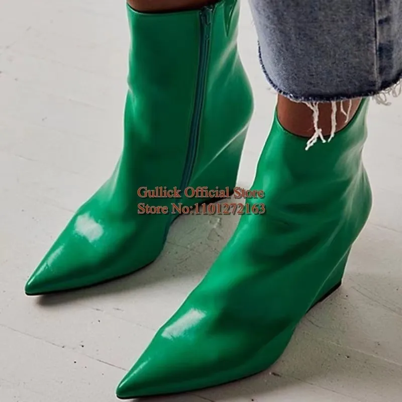 

Nude Leather Pointed Toe Wedge Boots Height Increasing Wedged Heels Women Short Booties Zipper Fashion Runway Shoes