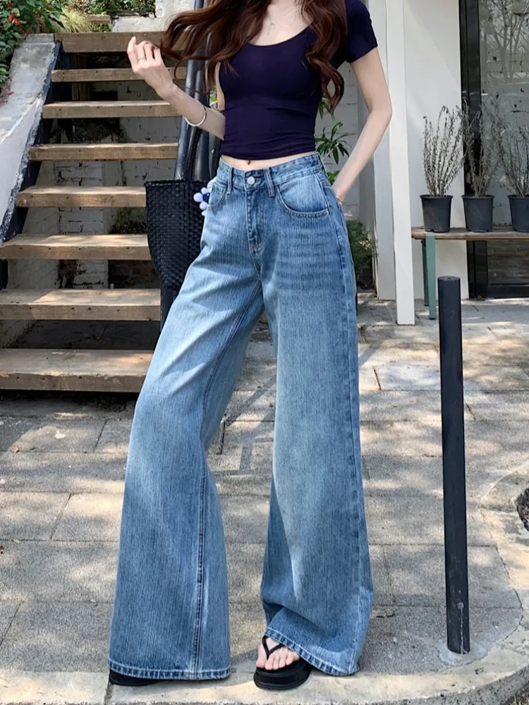 

Женские летние новые джинсы с высокой талией, широкими штанинами, синие, выбеленные, с вышивкой, прямые, длинные, повседневный стиль