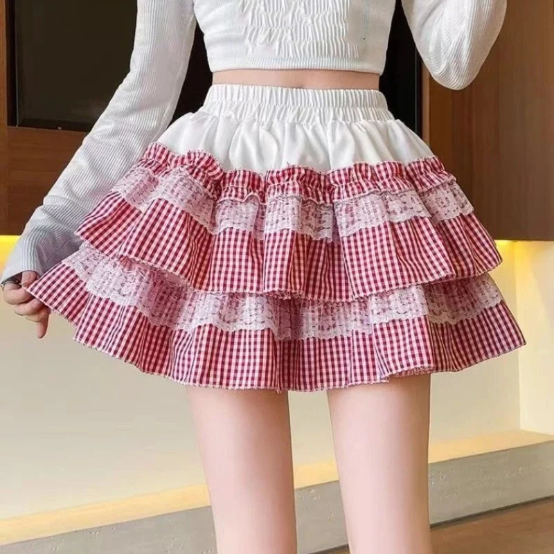 Sommer Mini Rock Frauen Kleidung Süße Jupe Patchwork Spitze A-linie Saia 2025, Faldas Mujer De Moda Hohe Taille Plaid Nette röcke