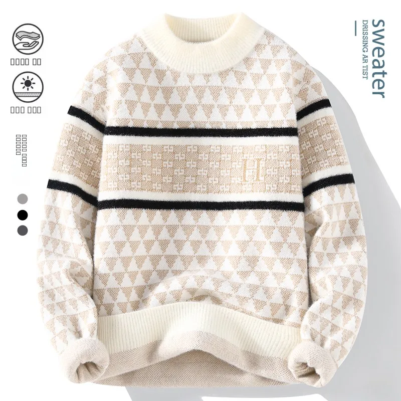 

Вязаный свитер из искусственного меха Thiened для мальчиков-подростков, осень-зима, длинный свек с высоким воротником, облегающий крой с геометрическим узором