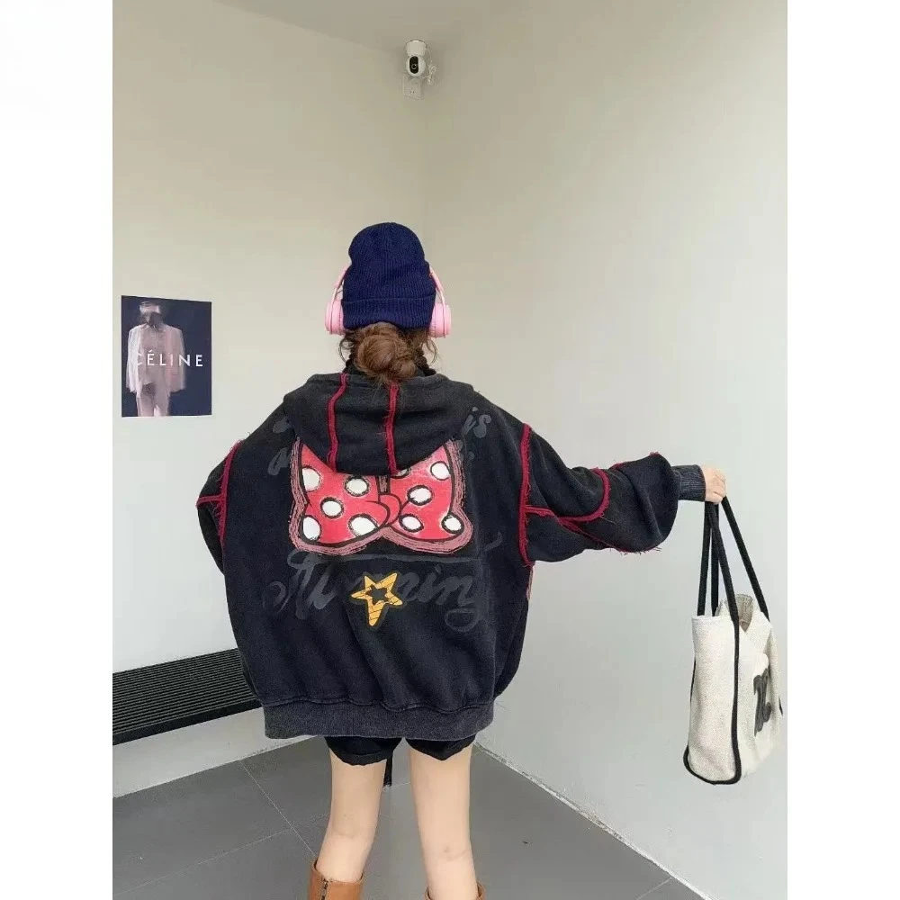 Outono nova chegada feminina jaqueta casual-resistente impresso padrão dos desenhos animados oversized versátil topo para uso diário/gravos de semana