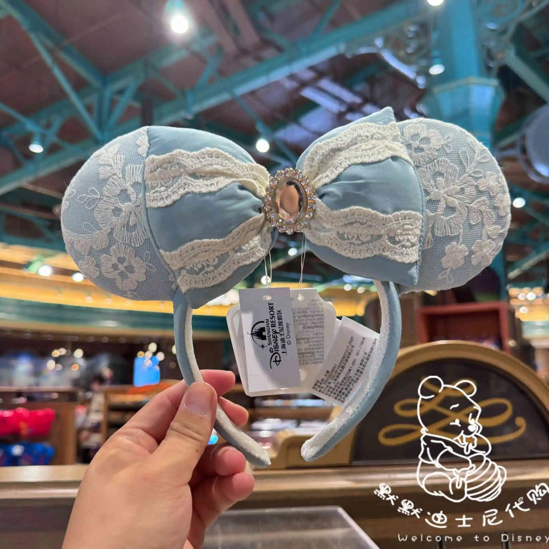 Original Disney Minnie Mouse Headband Cartoon Red Flower Bow Pu Leather Shanghai Disneyland For Adult Children Headwear Gifts