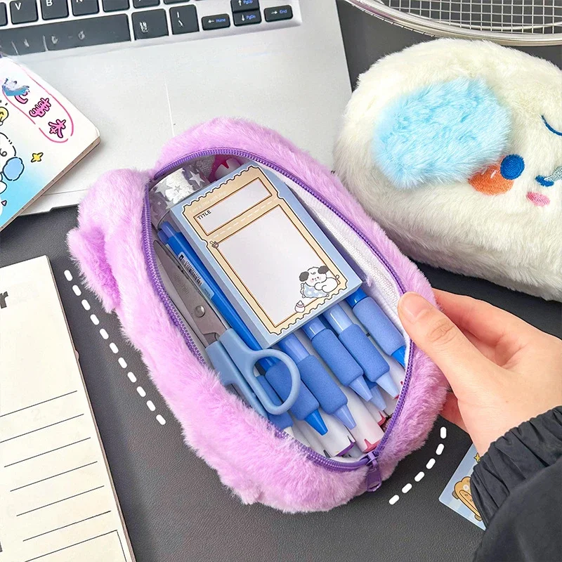 1 Pc Kawaii Cartoon Furry Pencil Case for Student Cute Kitten Bear Stationery Organizer Large Capacity Pen Bag School Supplies