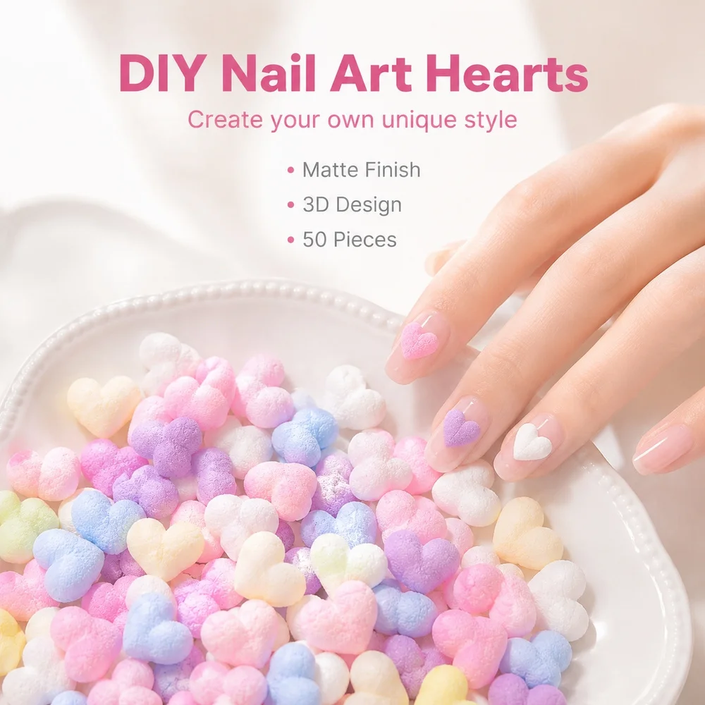 50Pcs Pastel Matte Mini Heart Nail Charms Rainbow Multicolor Resin Love Heart Studs Handmade DIY Nail Art Decoration Kit