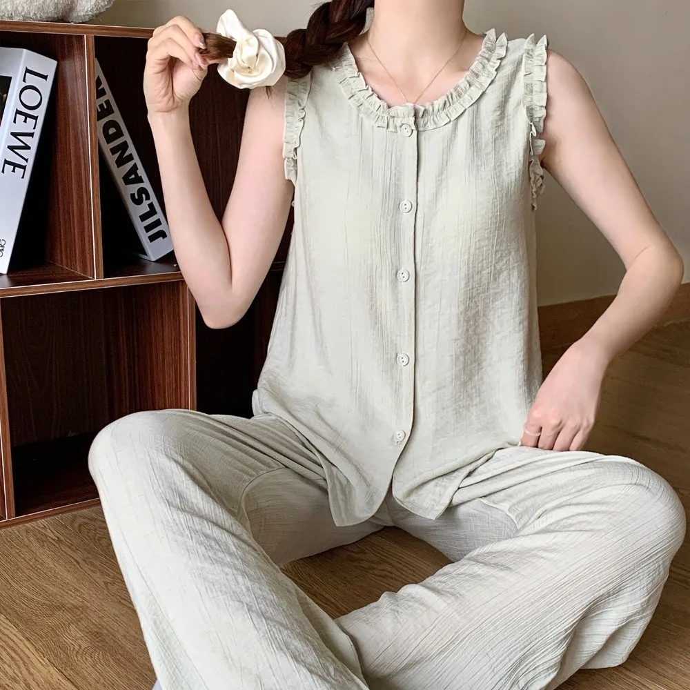 2-Piece Women's Pajama Set for Summer Sleeveless Top Pijama Trousers Sleep Lounge Wear 2026 Casual Solid Color Homewear Suit