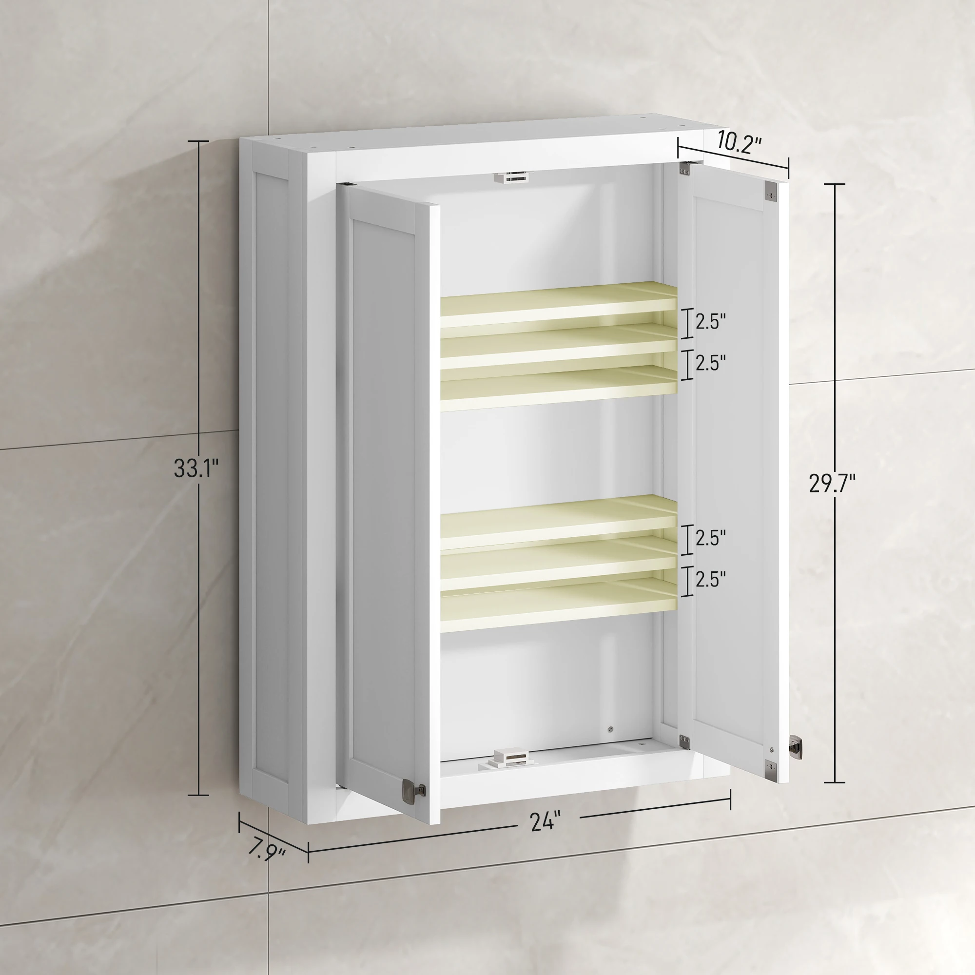 White Wall‑Mounted Storage Locker, Bathroom Wall Organizer with Double Recessed Panel Doors, Floating Wall Cabinet, Neat Concealed Storage, Multi‑purpose Home Furniture for Bathroom, Laundry Room, Entryway