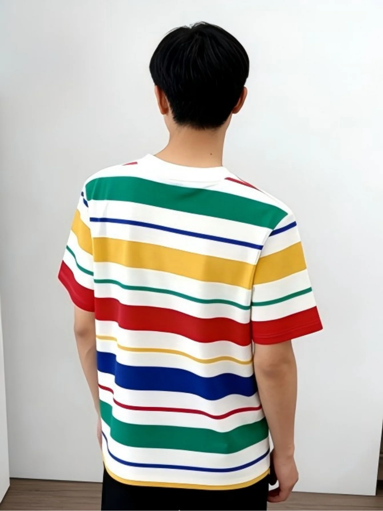 Men Mesh Sports T‑Shirt Multicolored Stripe O‑Neck Short Sleeve Summer Loose Casual Daily Top
