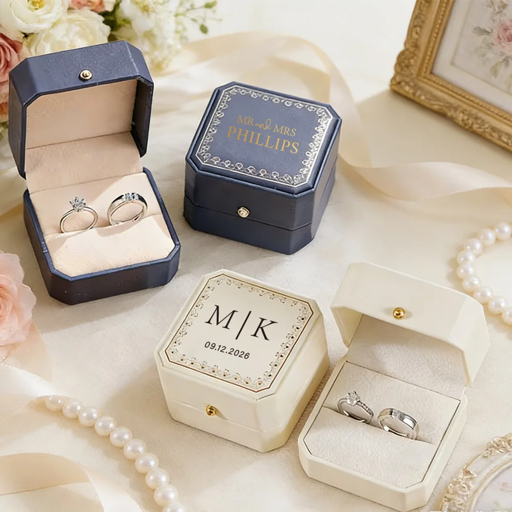Personalized Faux Leather Ring Box Velvet Lined Engagement Custom Jewelry Storage Romantic Gift for Bride Valentines Day for Her view 3