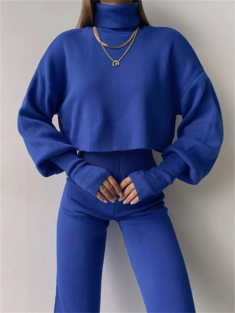 

Turtleneck Two Piece Outfits For Women Lantern Sleeve Cropped Top And Straight Leg Pants Sets Tracksuit Casual Outfits