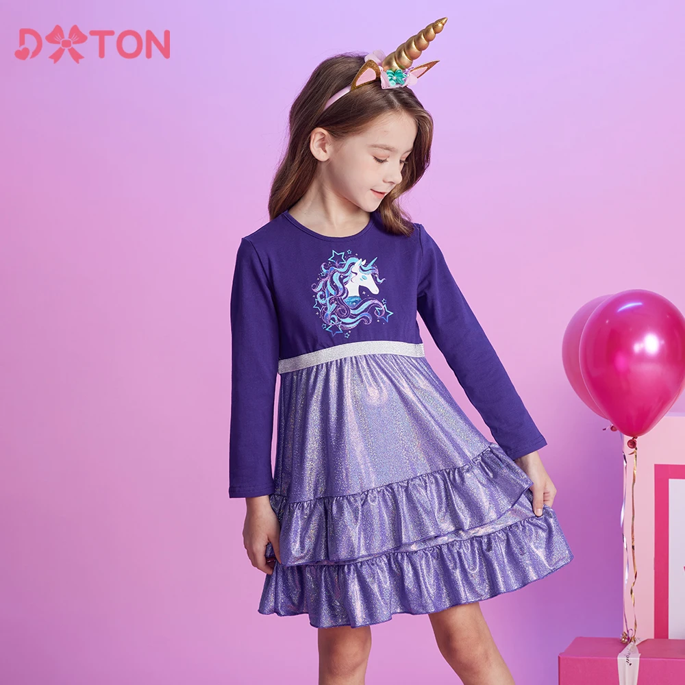 

DXTON Long Sleeve Kids Dresses Autumn Toddlers Cotton Clothing Licorne Print Girls Dress Patchwork Children Layers Dress 3-12Y