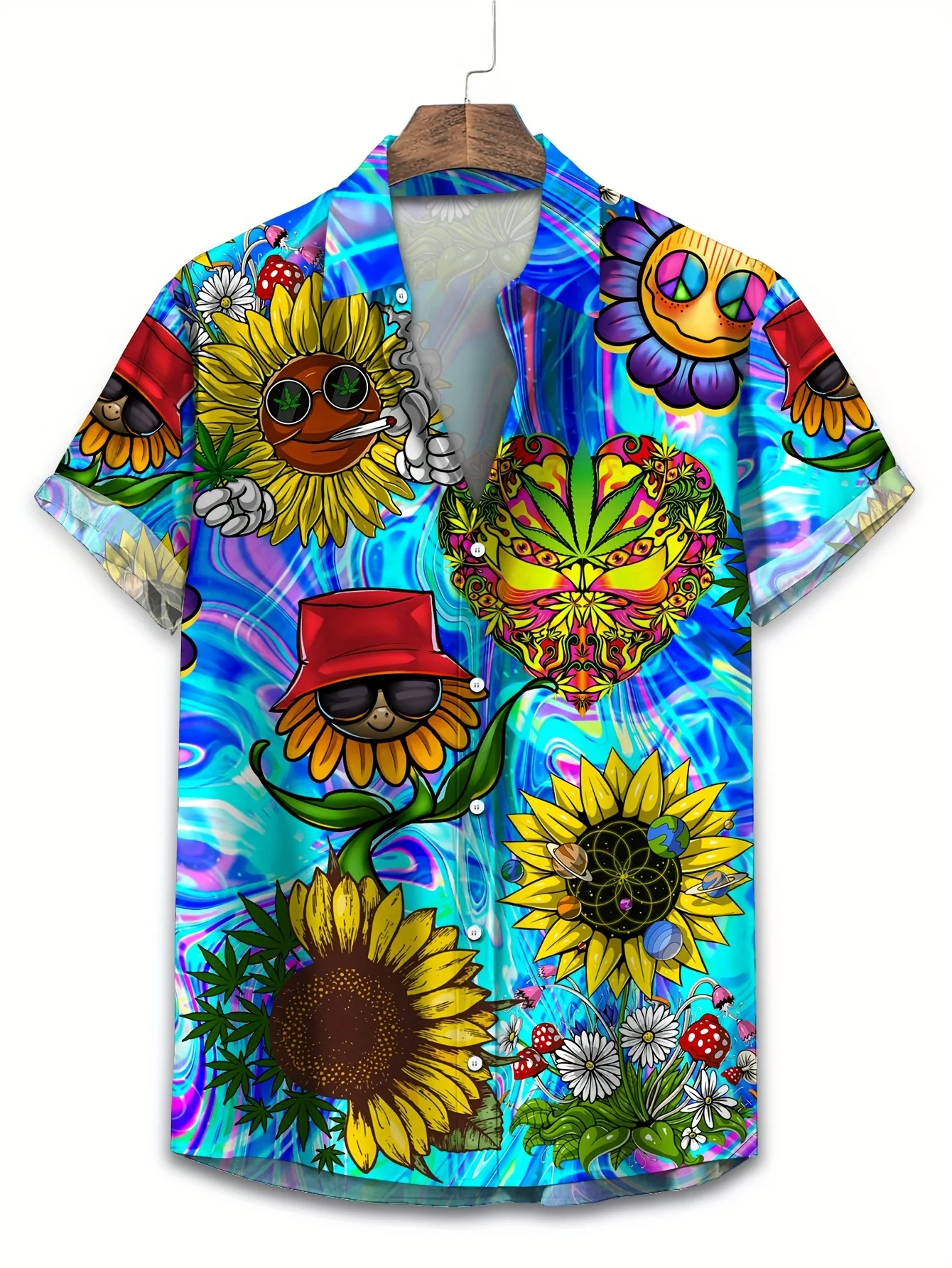 Summer Short Sleeve Shirt men's Sunflower Flower Pattern good-looking Top