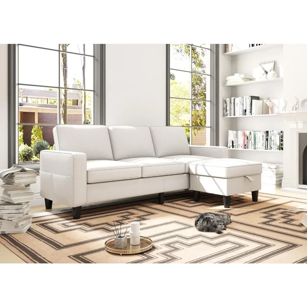 Modular sofa in beige linen 3-seater L-shaped modular sofa furniture with storage reversible ottoman