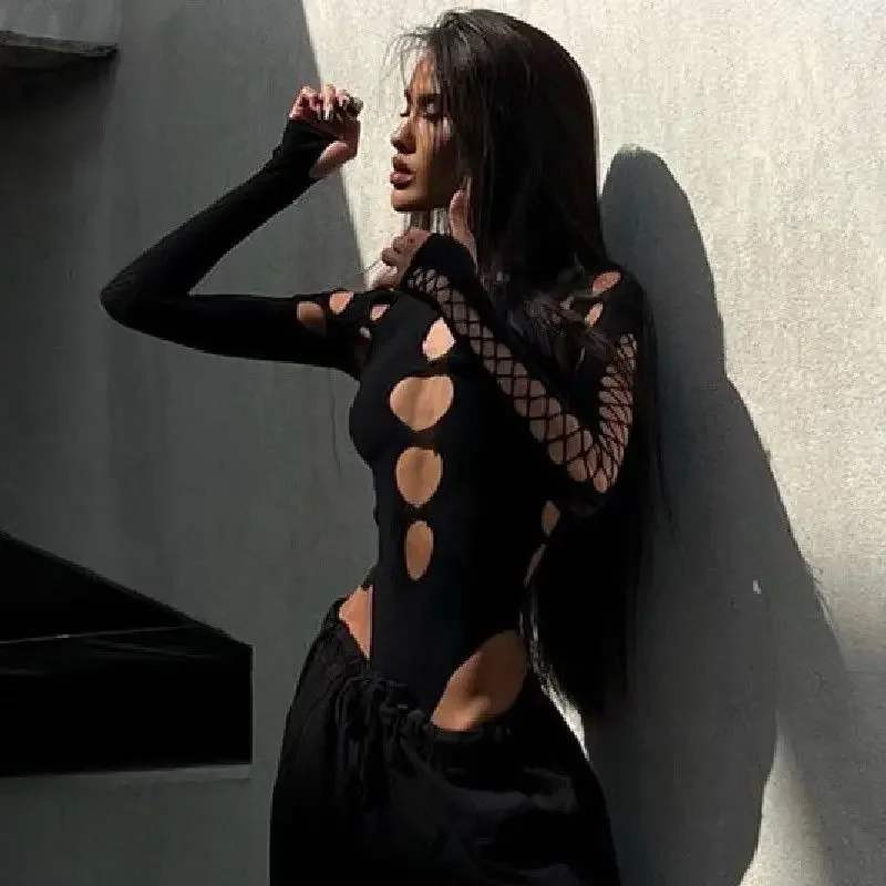 Scava Fuori Dimagranti Chic T-shirt Donna Stile Europeo Senza Vita Manica Lunga Hotsweet Moda Magliette e camicette Streetwear O-Collo Personalità