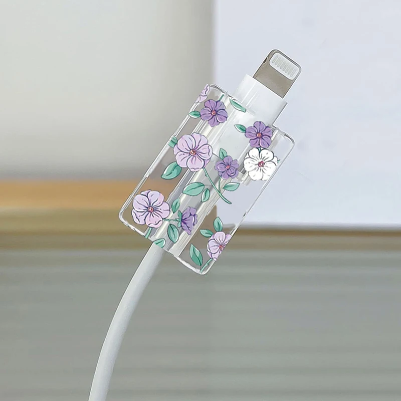 Transparent Purple Flowers Case For Apple 18/20w Charger Protective is Applicable To iPhone 15/14 Data Head Bite Protector Shell