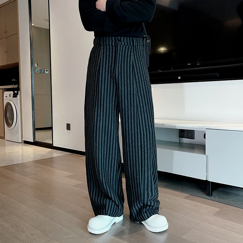 

Autumn Winter Knitted Striped Curved Knife Wide Leg Pants Men Loose Casual Pants Hip Hop Streetwear Trousers Men Clothing