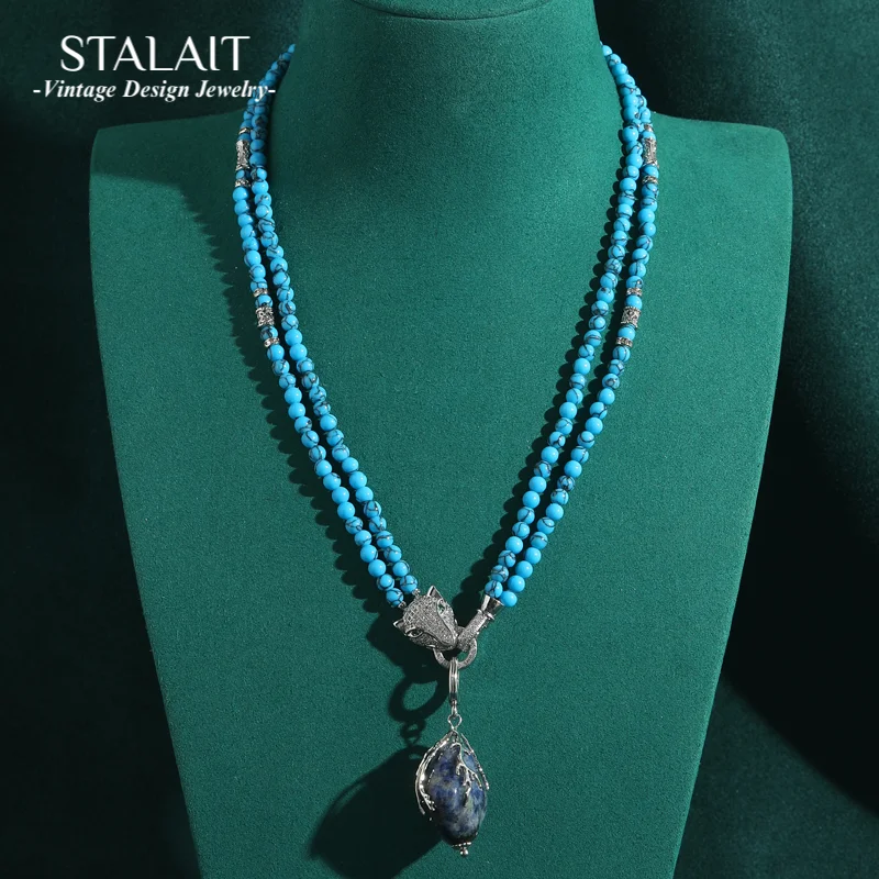 

Leopard Head Pendants And Crystal Beads Necklace Woman Retro Blue Glass Crushed Stone Luxury Designer Jewelry High Quality 2025