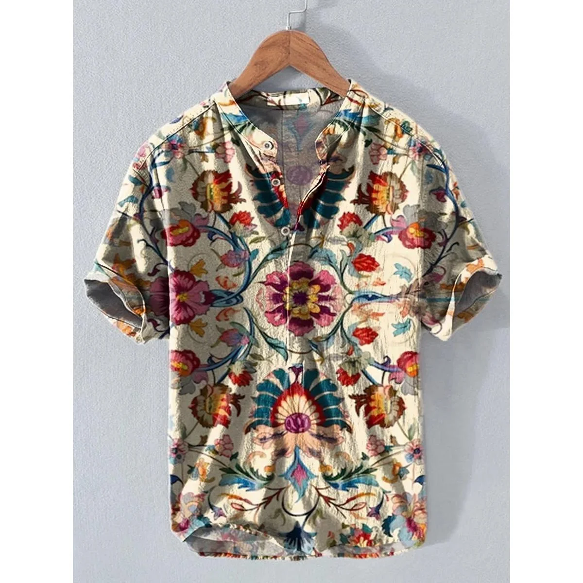 New floral pattern art print high quality shirt, linen shirt street fashion casual shirt, comfortable and breathable fabric quic