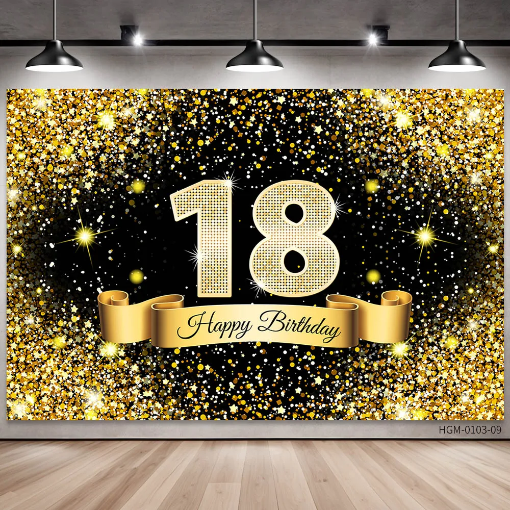 Gold black Birthday Party Background Decoration Extra Large Fabric Age 18 years old Sign Poster for Photo Booth Backdrop Banner