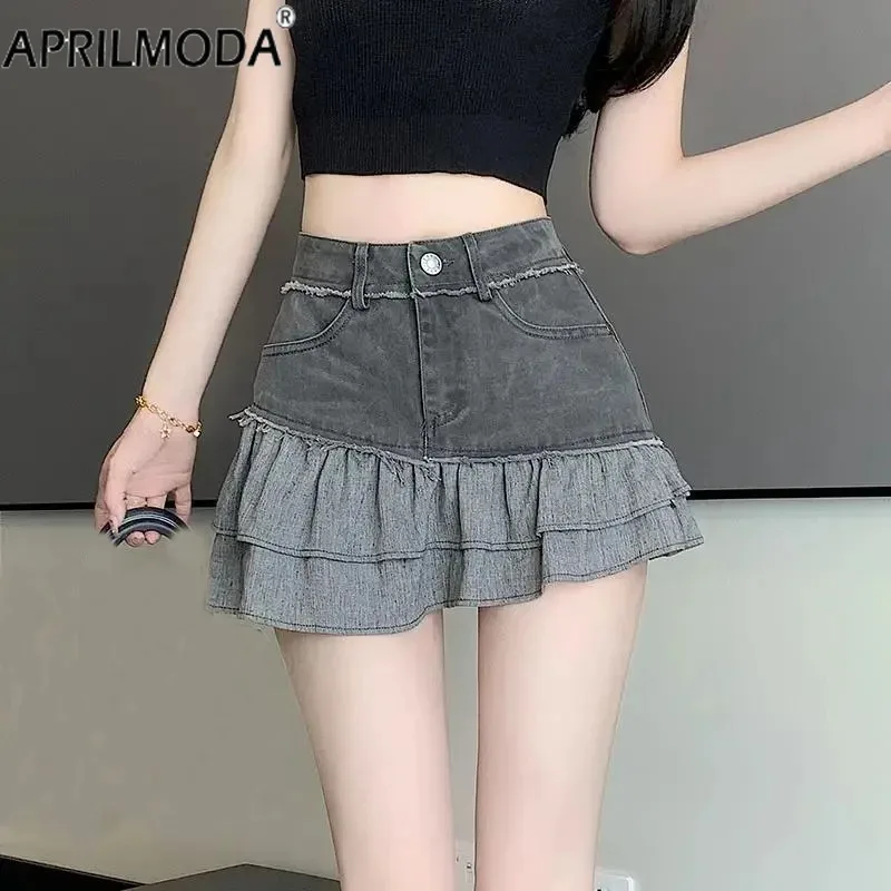 Rok pendek perca pinggang tinggi wanita celana pendek imut Korea Distressed 2024 hitam Ruffle Vintage Denim rok lipit Mini musim panas