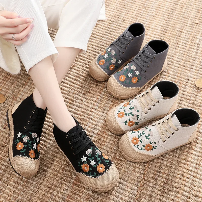 Women Handmade Vintage Embroidered Flats Booties Shoes High Top Lace Up Canvas Sneakers Female Linen Casual Leisure Espadrilles