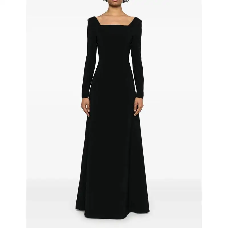 

New Women Square Collar Solid Dress Fashion Long Sleeve A-Line Dresses