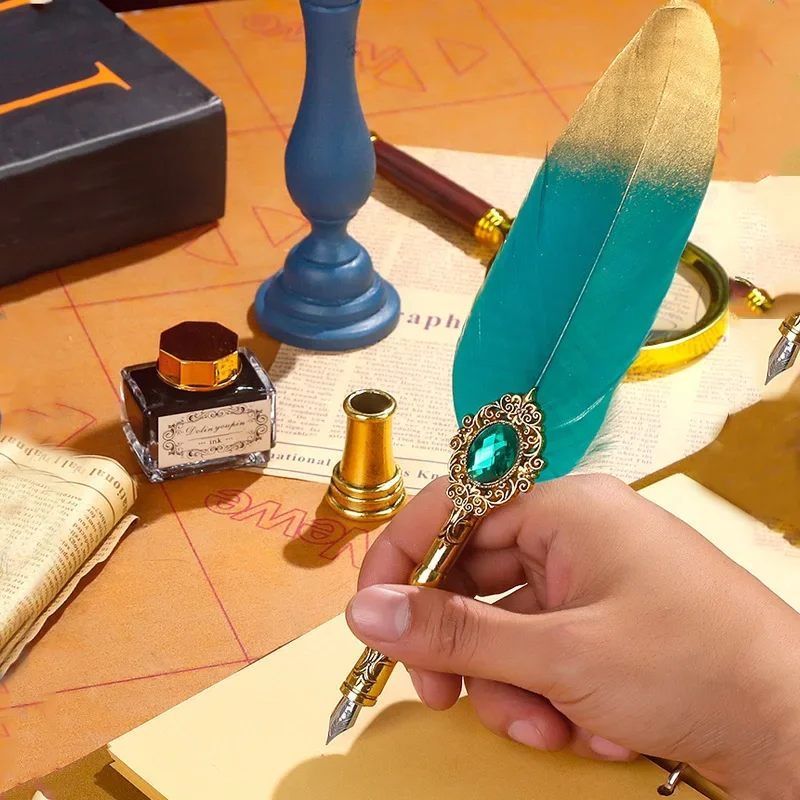 Retro Vintage Calligraphy Feather Dip Pen Fountain Pens Writing Ink Set Stationery Quill Creative Pen Wax Sealing Stamp Kit