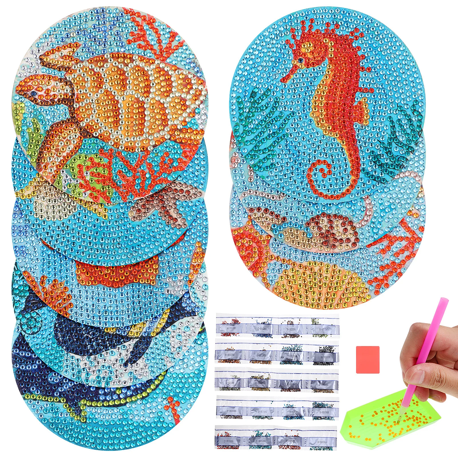 

8pcs Ocean Theme Diamond Dotting Coasters Diy Rhinestone Craft Set Heat Insulation Table Protection Aesthetic Desktop Decor