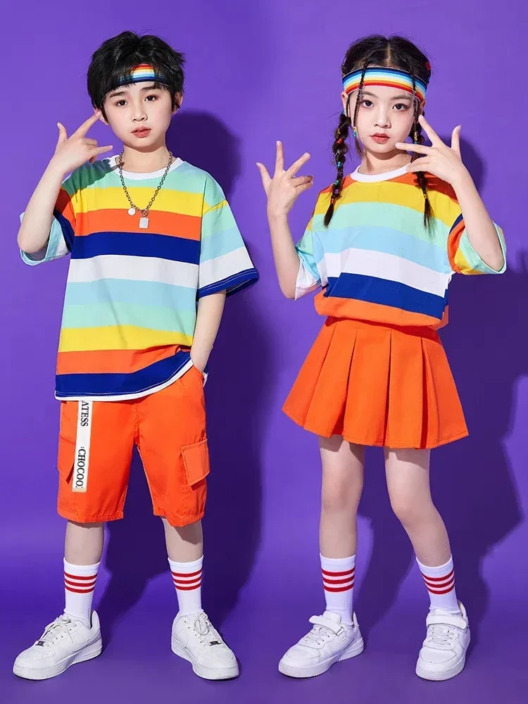 Haut court rayé pour filles, pantalon Cargo pour garçons, T-shirt Hip Hop arc-en-ciel, short de danse de rue ample, Streetwear pour enfants, Costumes de Jazz pour enfants