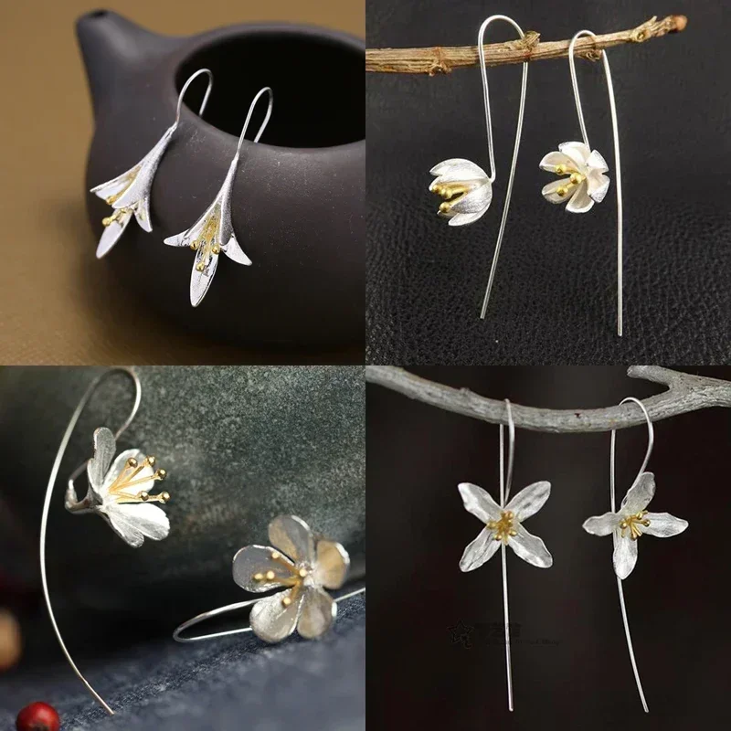 New Creative Flowers Long Earrings for Women Ethnic Style Fashion Lotus Temperament Ear Hooks Wedding Jewelry Accessories