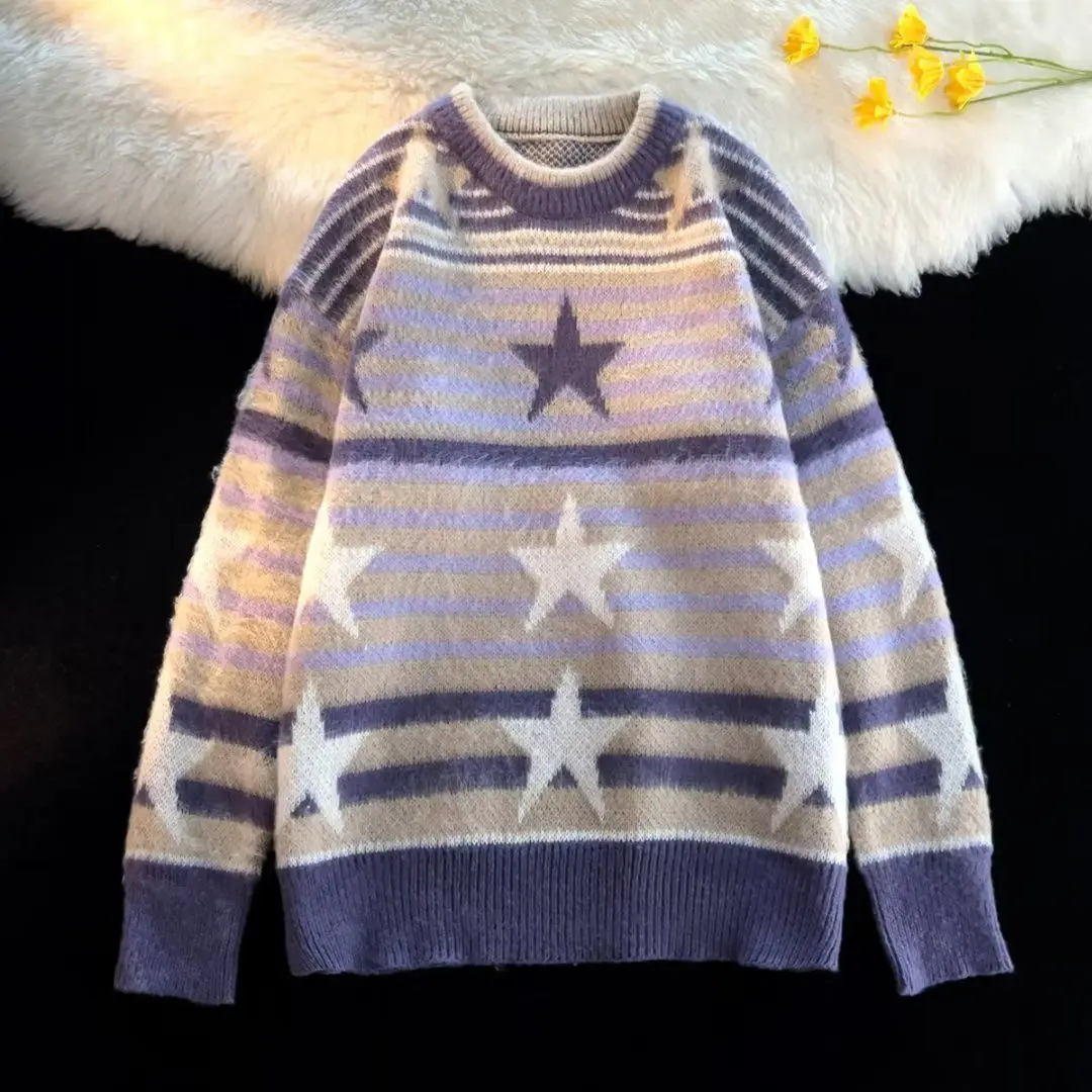 Y2K Star Sweater Women Harajuku Striped Knitted Pullovers Jumpers Female Tops Oversize Purple Green Streetwear Hip Hop