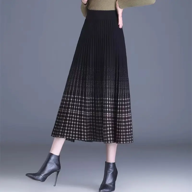 Women High Waist Pleated Midi Skirt Plaid Print Swing Knit Skirt