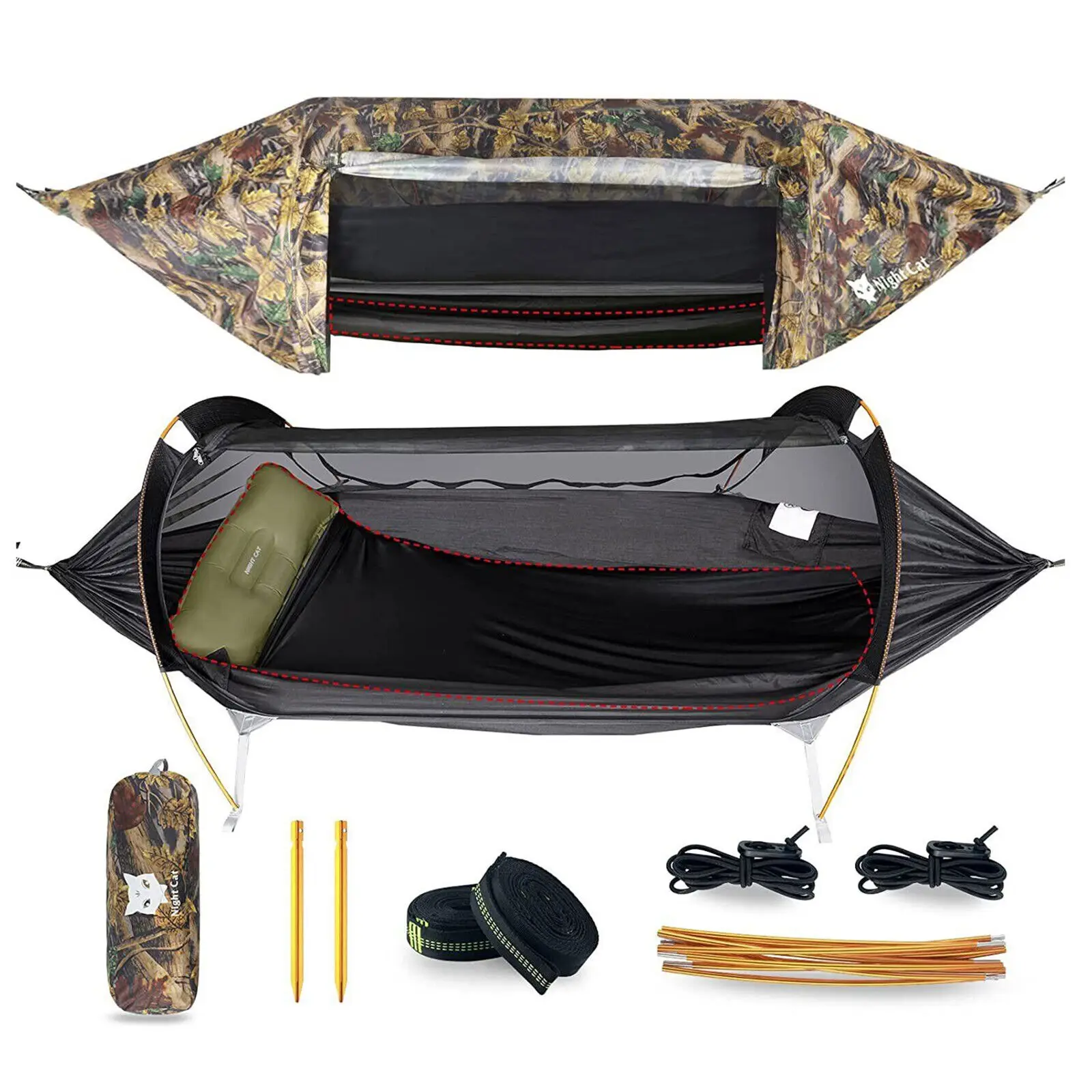 Tente hamac 3 en 1 Night Cat avec poche de rangement pour tapis de couchage (non inclus), moustiquaire et bâche de protection contre la pluie, tente de camping pour 1 personne, imperméable, légère, capacité 440 lbs