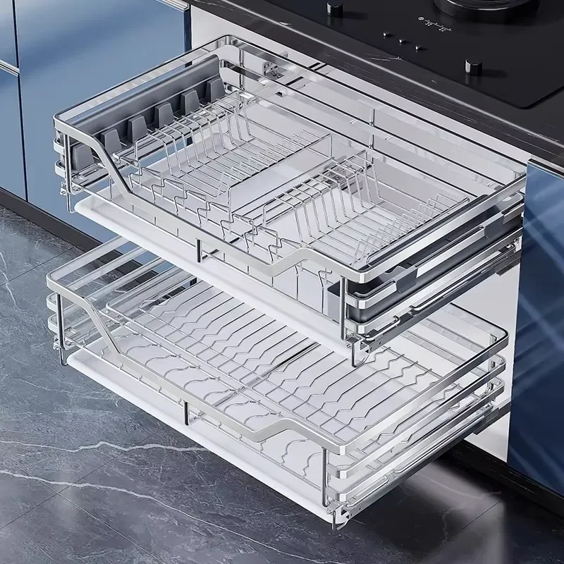 Modern Stainless Steel Double Drawer Kitchen Basket for Cabinet Storage Silent Shock Absorption Design Space Saving Organizer