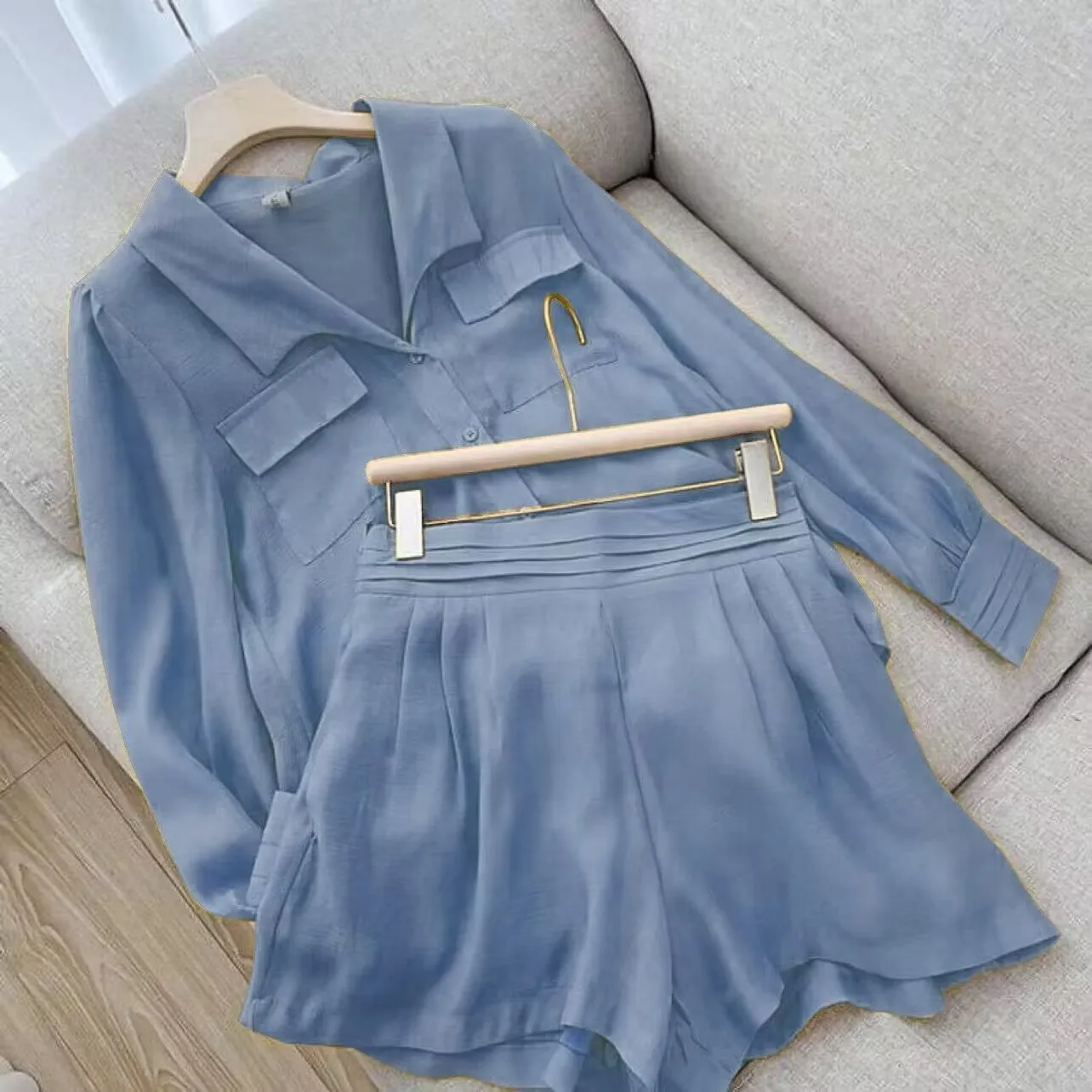 Spring Summer Solid Color Short Set Women Simple Casual Style Long Sleeve Shirts Shorts Two Piece Sets Temperament Lady Clothing