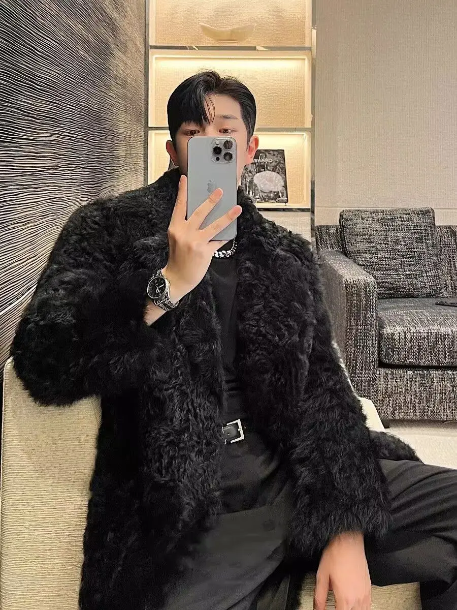 New Korean version mink fur long coat motorcycle men\'s winter trend brand cotton warm fur coat jacket