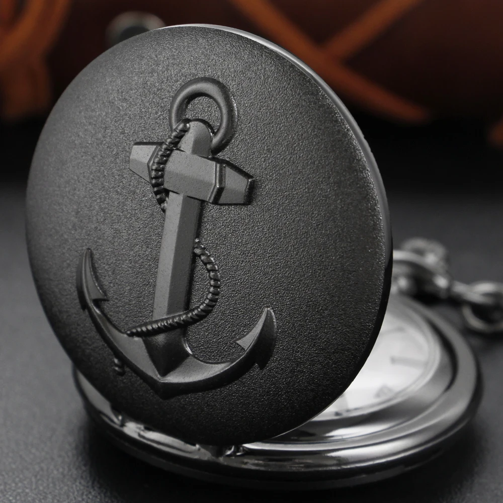 Antique Black Retro Time Gem Necklace Clock Sea Adventure Captain Badge Quartz Pocket Watch Men's and Women's Accessories Gift