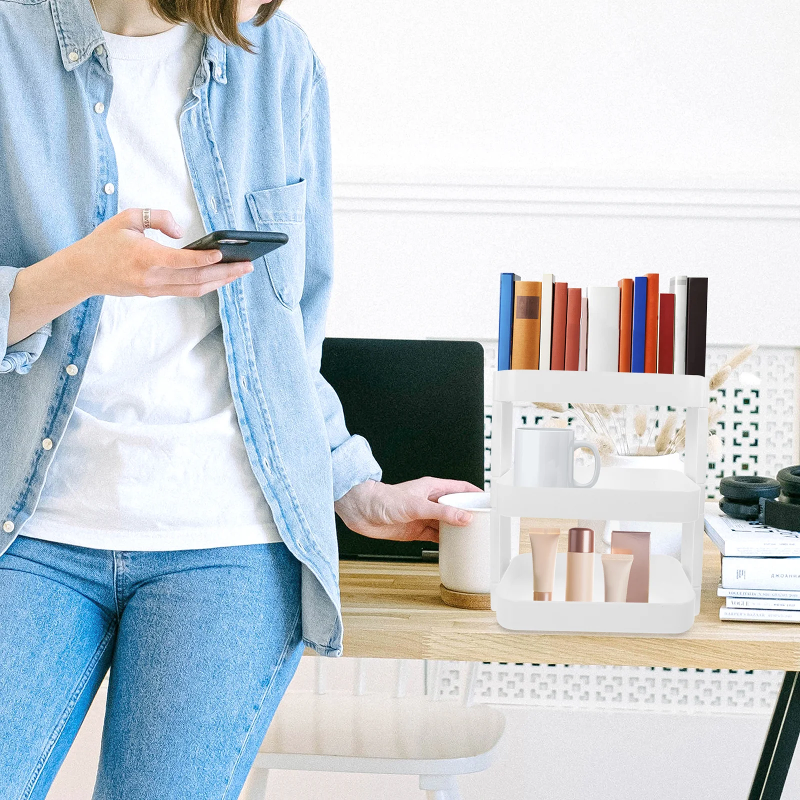 

Pencil Holder Layered Desk Shelf Desktop Organizer Cup Holder Skincare Display Rack Sundries Storage Rack Office Supplies