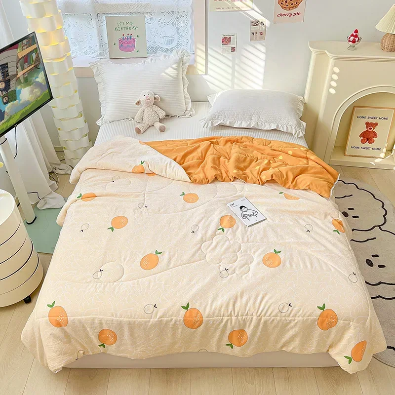 Orange Summer Quilts Washable Lace Kids Adult Single Double Queen Size Bed Thin Comforter Cute Cartoon Blanket for Girft