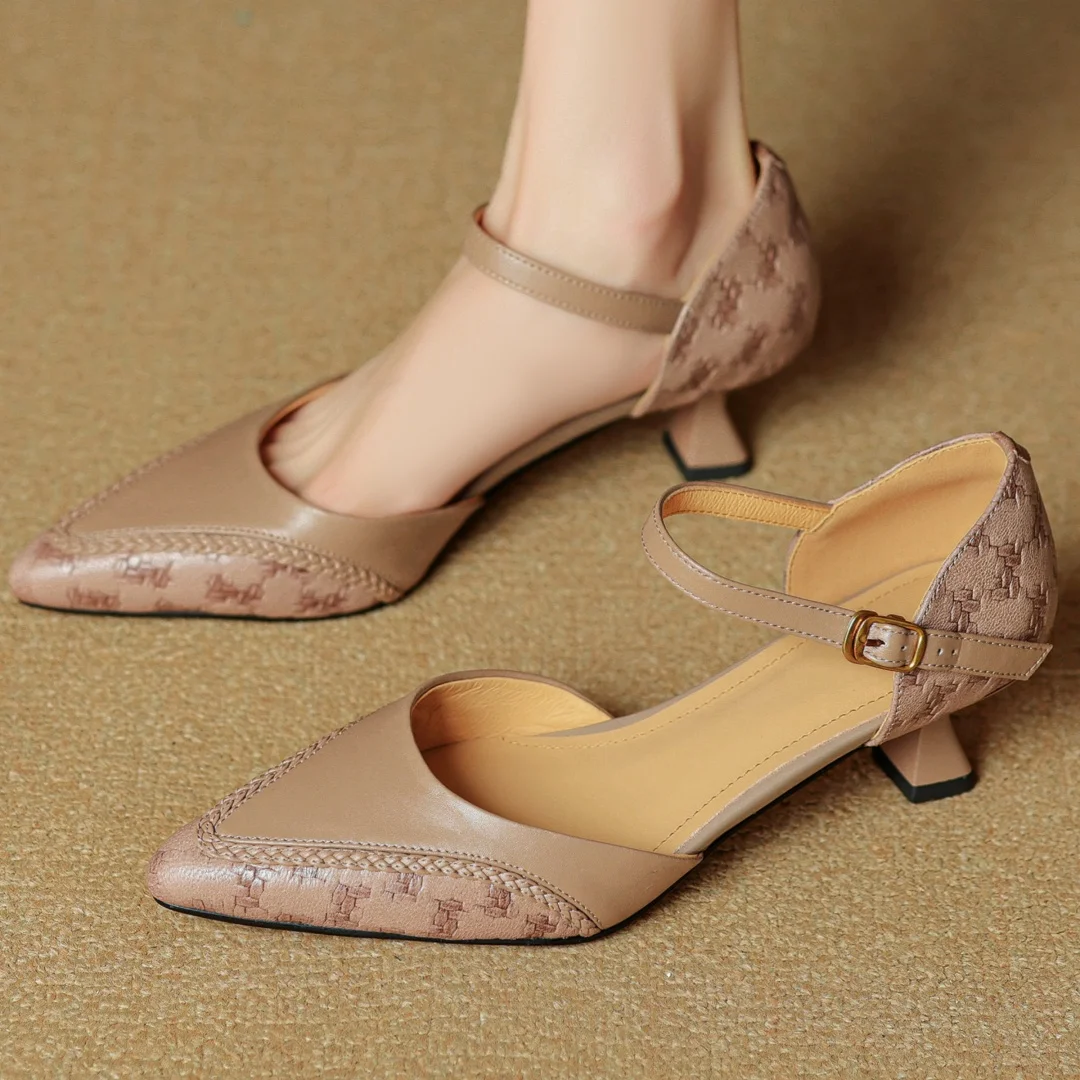 

Women's genuine leather pointed toe ankle strap sandals elegant ladies 5cm thin high heel daily slim dress pumps heeled shoes