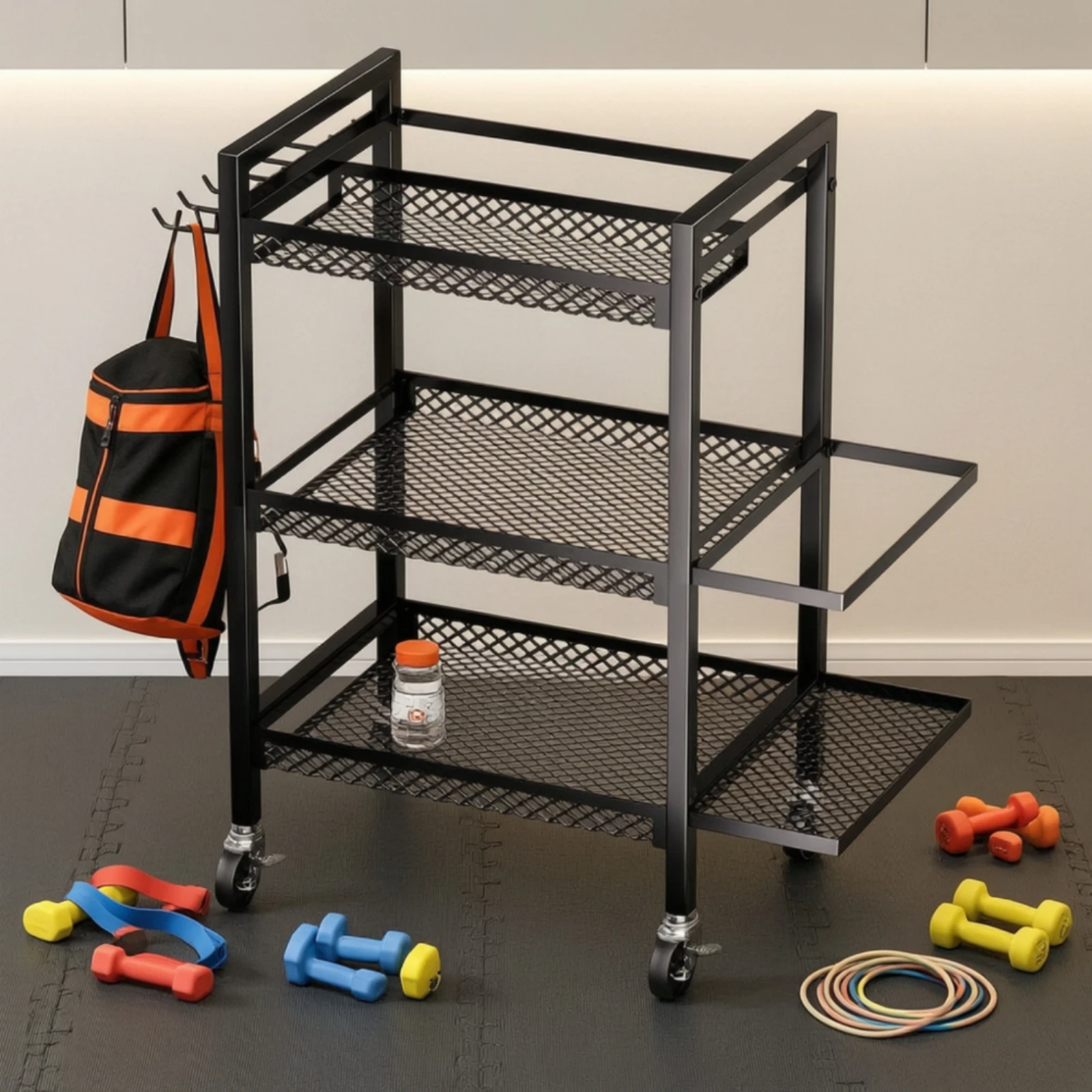 Freestanding Metal Storage Rack Space-Saving Tiered Wire-Mesh Storage Rack Fitness Mat Holder with Hooks Sturdy Portable