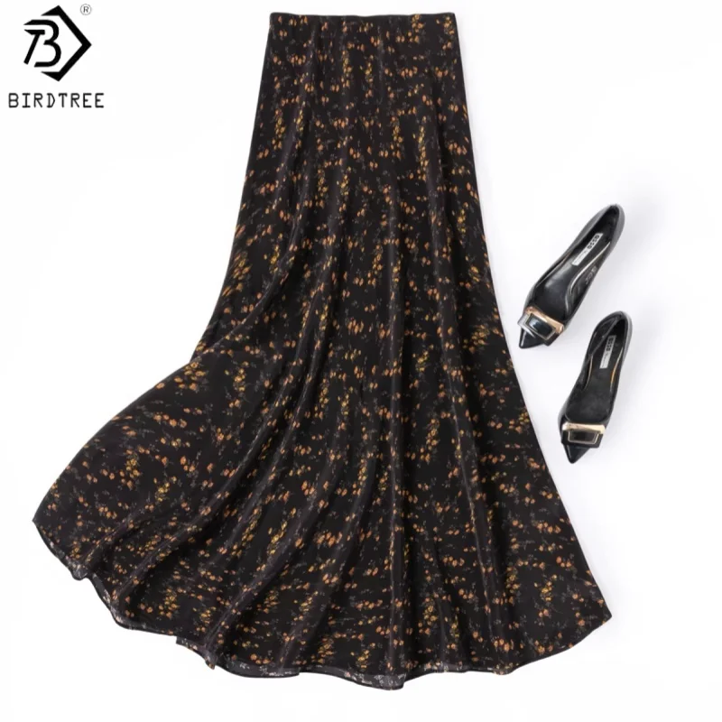 Birdtree, 100% Silk Skirt,  Women Double Crepe Bias-cut Elegant Skirts, Elastic Waist, Fishtail Bodycon Skirt, 2026 New D63410JF