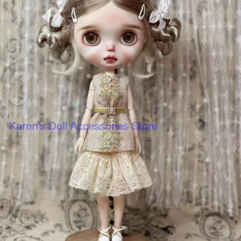 2pcs High quality rural floral Linen top+Lace skirt for Landoudou/Blythe/ob22/ob24 Doll